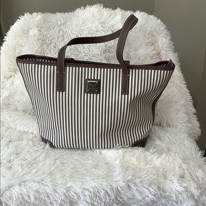 Dooney and Bourke grey and cream colored striped tote